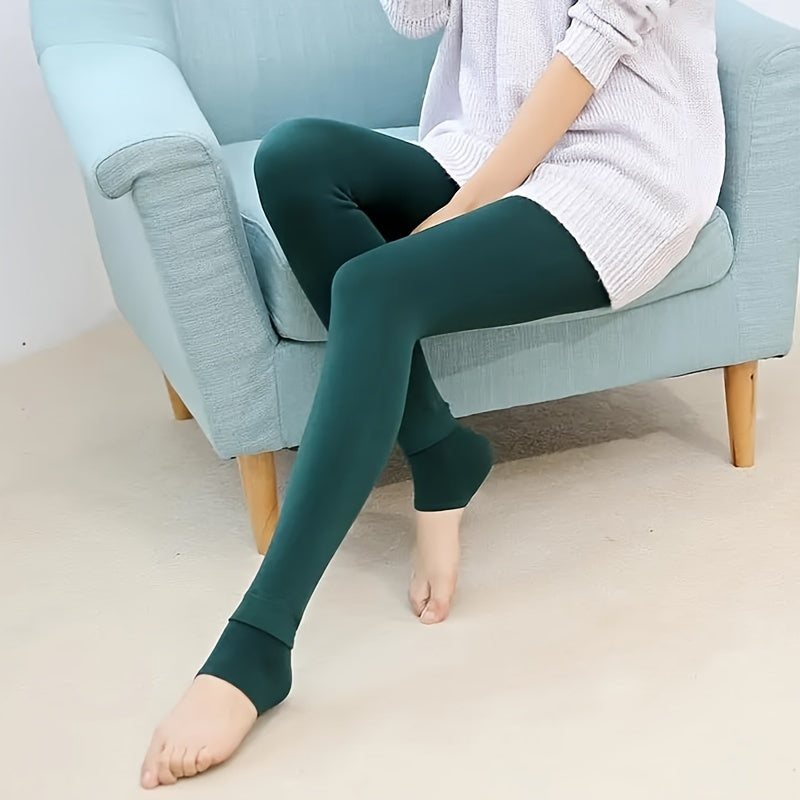 Women's high waist thickened velvet leggings in solid color. Made of polyester and spandex blend knit fabric with elasticity. Hand washable.