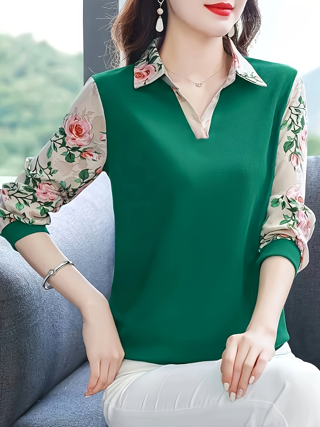 Print Panel Mom Top - Lightweight Polyester, Long Sleeve with Lapel Collar, Machine Washable - Great for Spring/Autumn Vacations