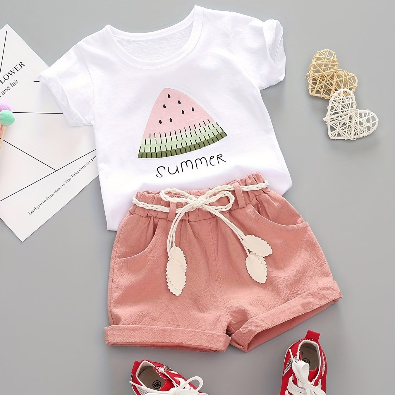 New girl's summer outfit: watermelon-printed short-sleeve shirt and casual shorts set.