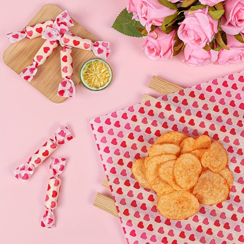 50 pieces of wax paper sheets with a heart pattern design, perfect for wrapping food items such as bread, sandwiches, and burgers. These sheets are greaseproof and waterproof, made with non-stick beeswax material. Ideal for baking, gift wrapping, and