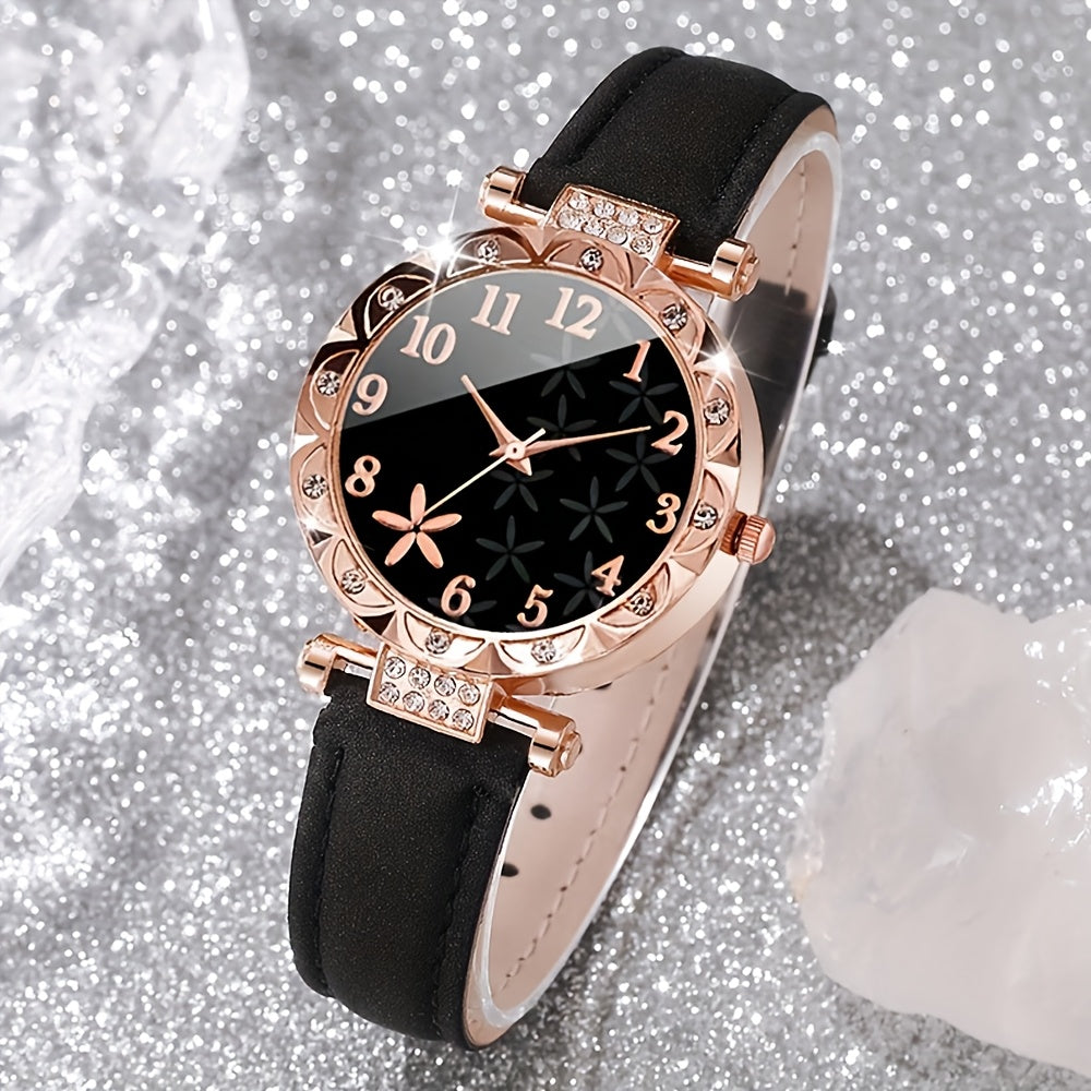 3-piece women's quartz watch set with rhinestone heart dial, PU leather strap, and fashionable design - perfect gift for girlfriend or mother.