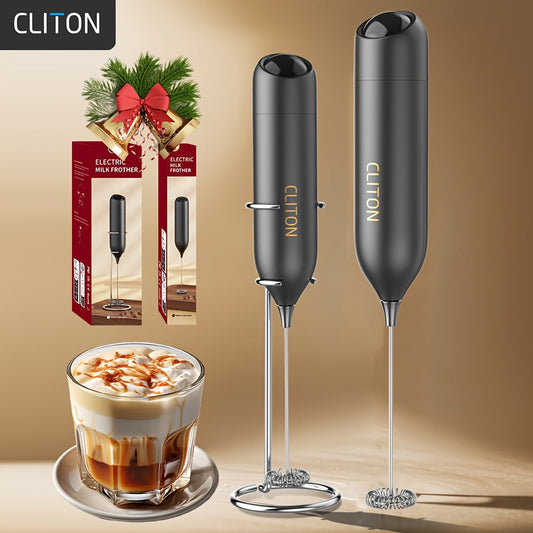 Battery operated portable milk frother for creating rich and creamy froth. Made with a lightweight plastic handle and 304 stainless steel whisk, this low decibel kitchen tool is perfect for DIY drinks, coffee lovers, camping, weddings, and Christmas