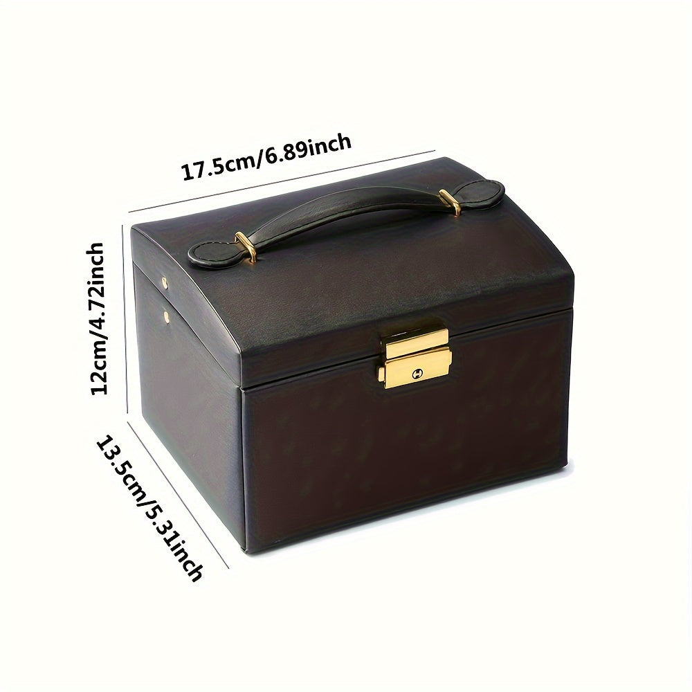 Chic 3-tier jewelry box with lock, mirror, and double drawer organizer. Light purple with golden accents. Ideal gift for wife, mom, or best friend. Includes travel case, decorative trim