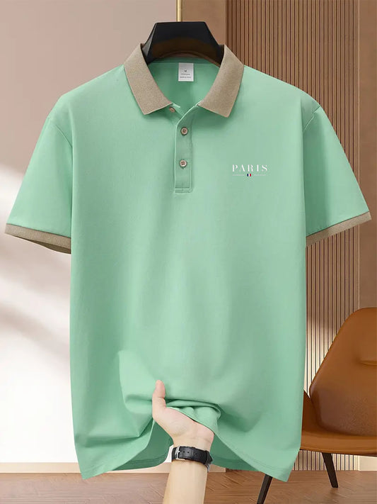 Men's casual golf shirt with French flag print, polyester knit fabric, slight stretch, regular fit, lapel collar, button detail, and geometric pattern. Suitable for business and tennis