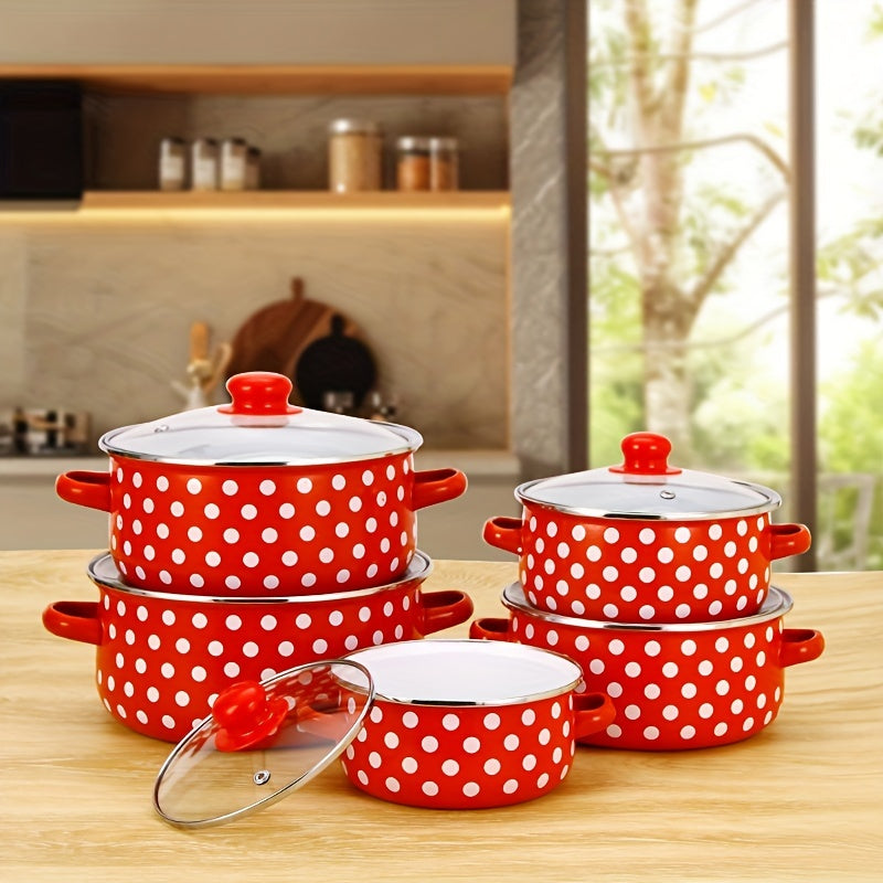 Stylish Red and White Enamel Cookware Set with Polka Dot Design - Ideal for Cooking and Dining Area