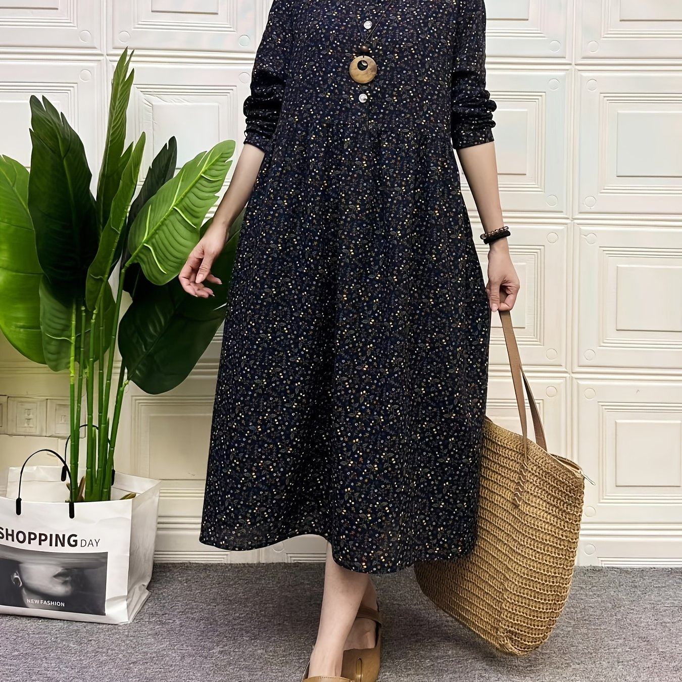 Spring and Summer Retro Ethnic Style Linen Shirt Collar Dress with Small Floral Blouse