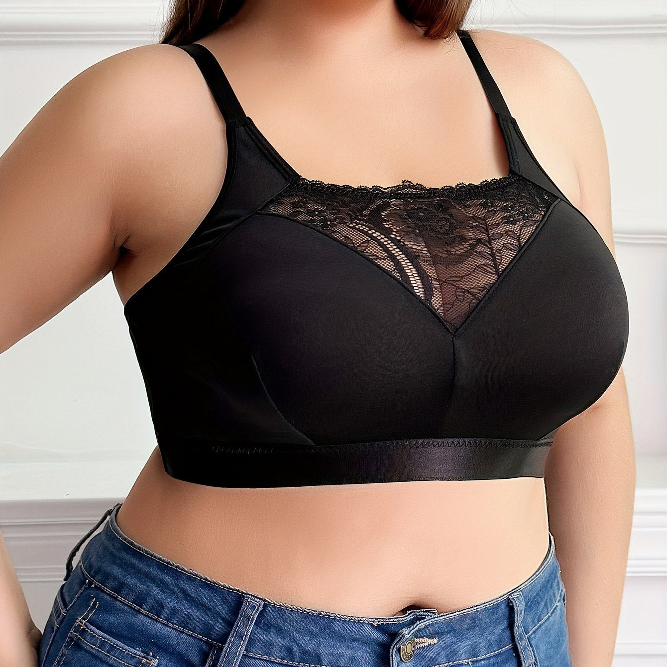 Plus Size Contrast Lace Non Padded Full Cover Bralette for Women's Plus