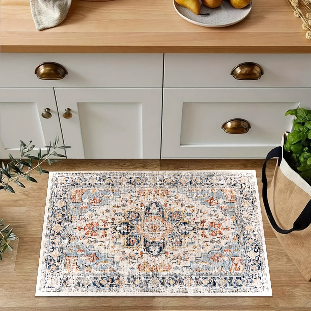 Lightweight Bohemian Light Blue Paisley Pattern Comfort Mat with Non-Slip PVC Backing - Machine Washable Polyester Kitchen Rug | Braided Weave, Medium Pile | Decorative Anti-Fatigue Runner for Kitchen, Dining, Laundry Room - Under 2.16m², Shortest Side