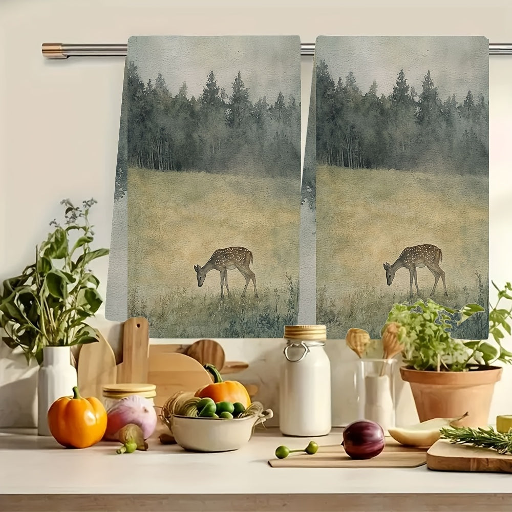 Get two ultra soft kitchen towels featuring a serene meadow and deer design. These highly absorbent polyester dish hand towels are machine washable and measure 40.64x60.96 cm. They are perfect for holiday decor.