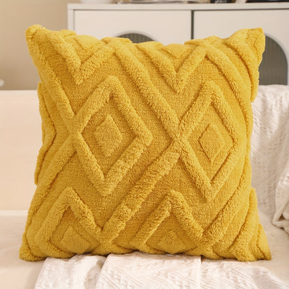 Pair of plush throw pillow covers in contemporary geometric pattern, hand wash only, 100% polyester zipper closure, beige wavy design for living room décor.