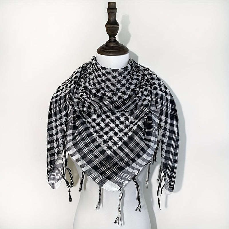 Lightweight black and white checkered polyester hijab with tassels, breathable and windproof, fashionable sun-protective shawl for outdoor activities and hair scarf.