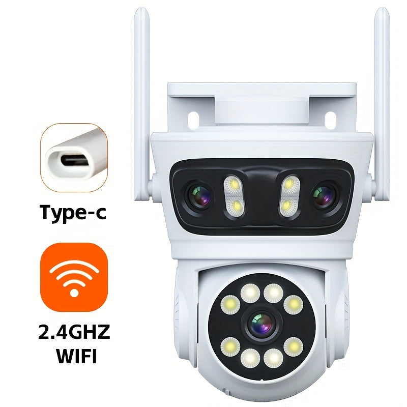 Wireless Smart Home Security Camera with Triple Lens Technology - Features 360° Pan/Tilt, AI Human Detection, Color Night Vision, and WiFi Connectivity for Remote Monitoring.