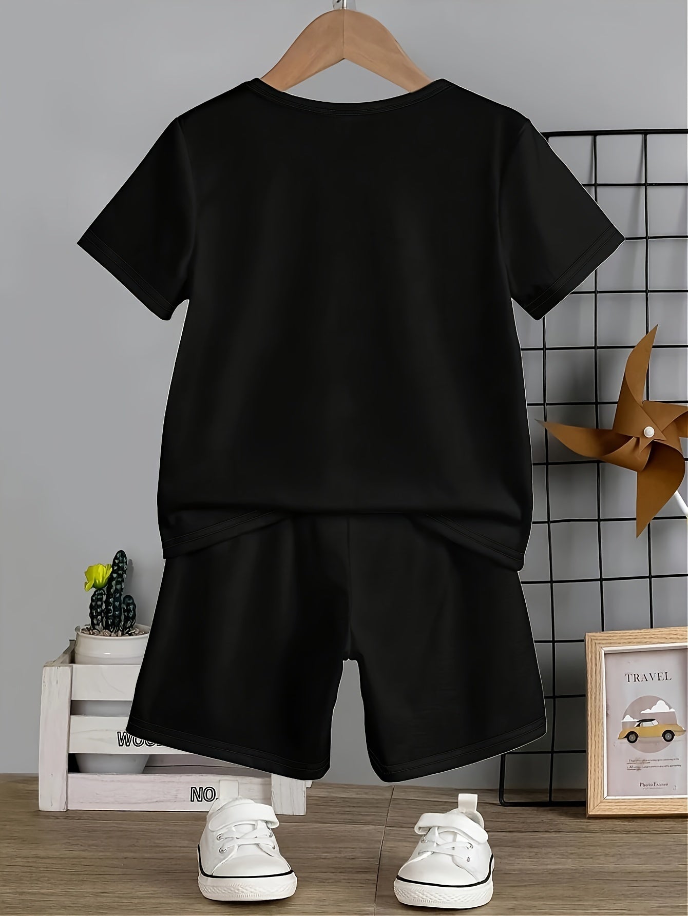 Boys' Casual Cartoon Bear Graphic Tee & Shorts Set in Black with Green Accents, made of Stretchy Polyester Blend, Machine Washable, perfect for Summer Fashion and Outdoor activities.