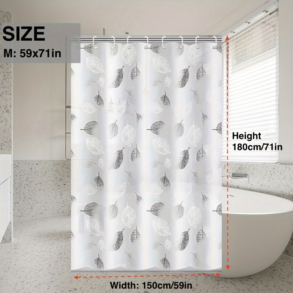 Lightweight plastic shower curtain with hooks and metal grommets, suitable for bathroom and window decoration.