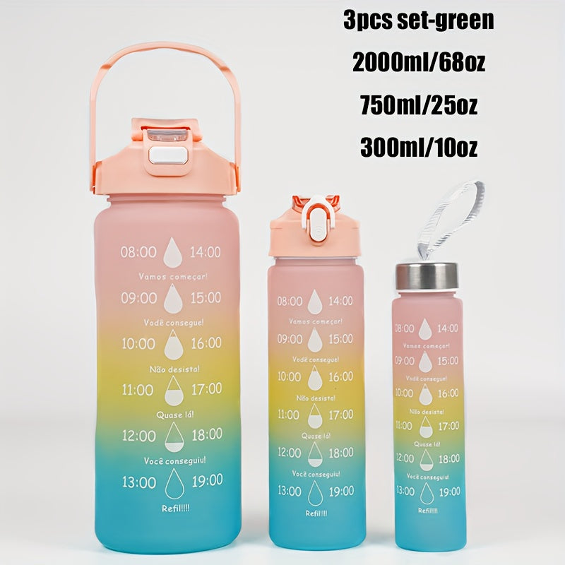 Set of 3 sports water bottles with time marker, leakproof design, and one-click open lid. Great for fitness and outdoor activities.