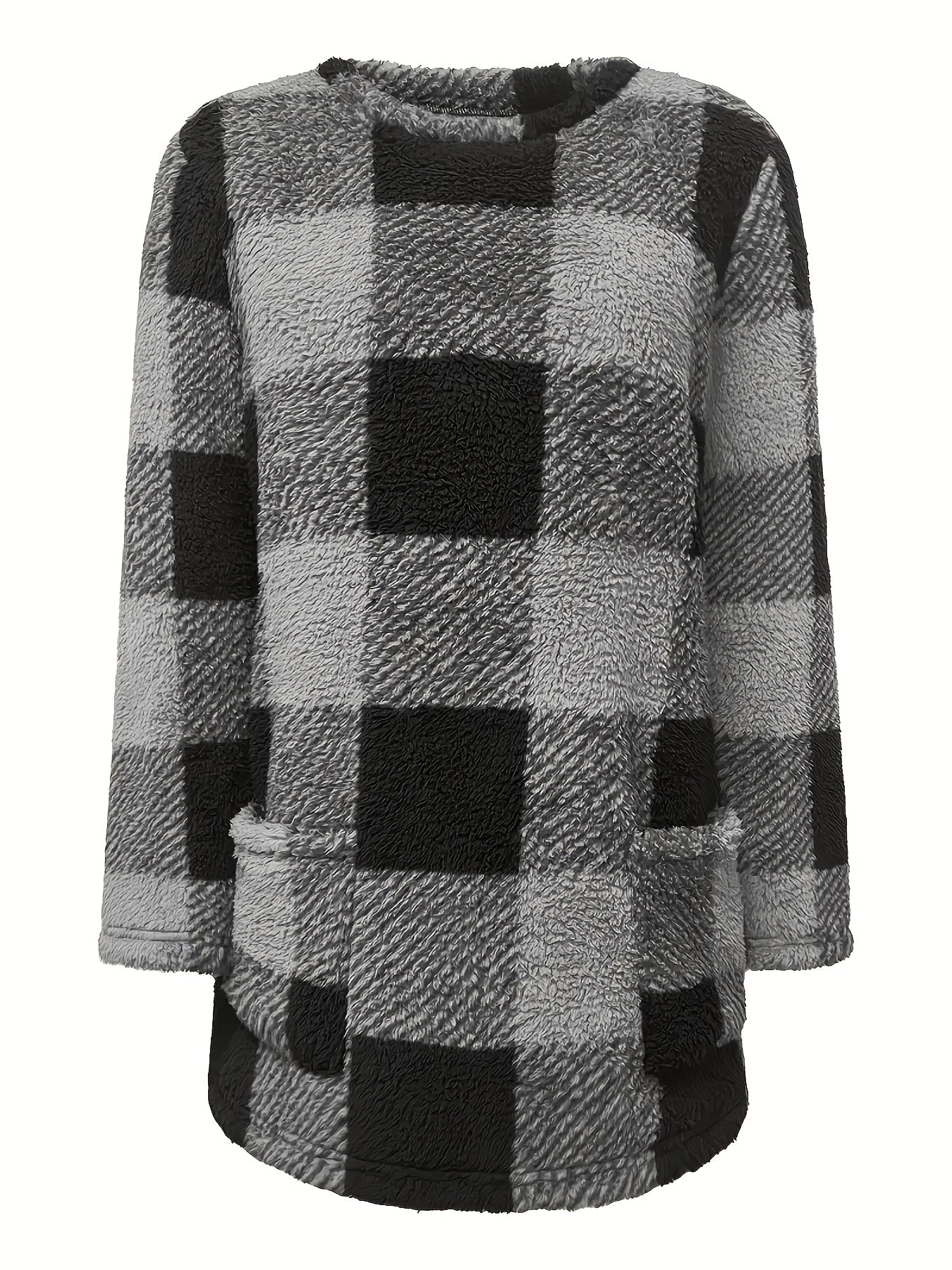 Women's winter top with pockets, crew neck, long sleeves, and plaid knit design for casual and comfortable wear at home.