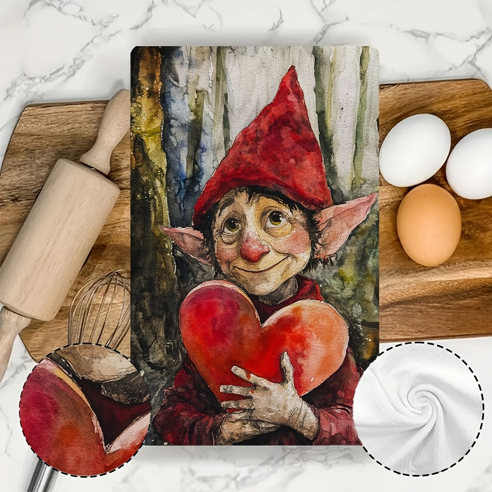 Get a pair of ultra-soft kitchen towels with a Valentine's Day elf design, perfect for holiday decoration. These towels are highly absorbent, machine washable, and measure 40.64X60.96 cm.