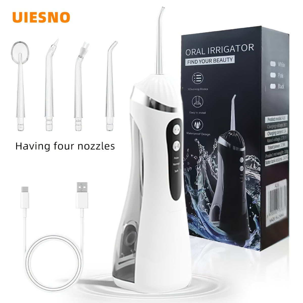 Wireless portable electric water flosser with 3 modes, large water tank. Comes with 1 main unit and 4 nozzles. Ideal for home or travel use.