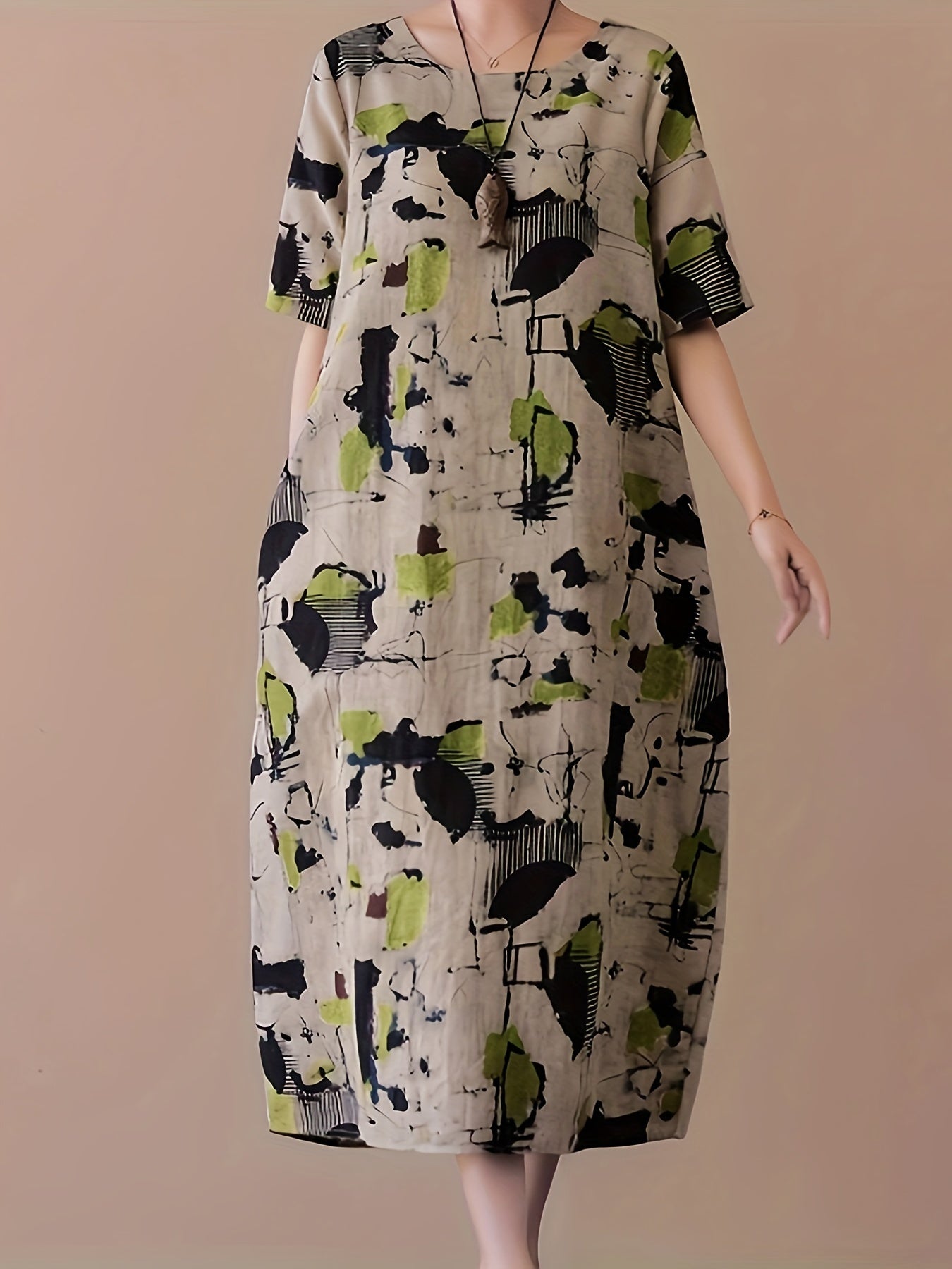 Elegant linen midi dress with vibrant abstract print, short sleeve, round neck, machine washable, no stretch - perfect for spring/summer/fall events.