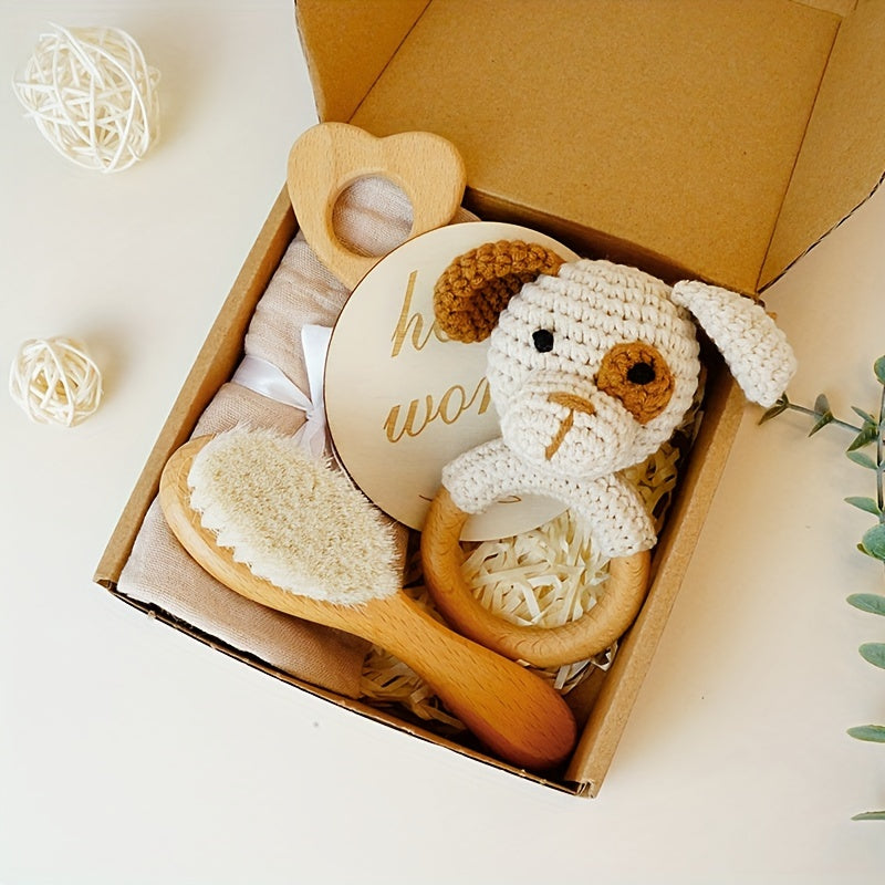 Premium Handcrafted Baby Shower Gift Set - Featuring a Handmade Crochet Dog Rattle, Luxuriously Soft Bamboo & Cotton Towel, Natural Goat Hair Brush, Eco-Friendly Beechwood Heart Toy, and Adorable 'Hello World' Card - Ideal for Children from Infancy to