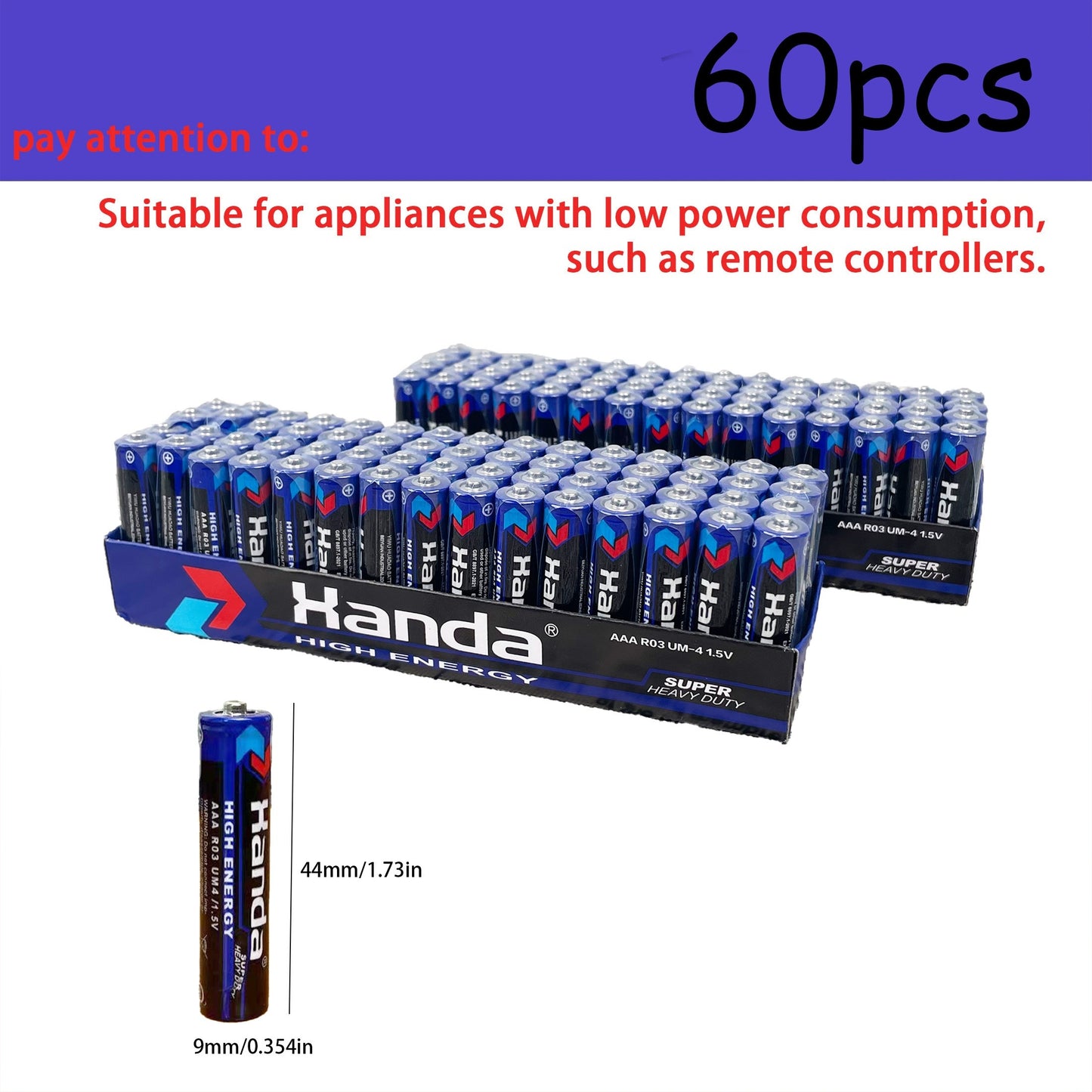 60 HANDA AAA Carbon Batteries, 1.5V - Durable and safe for low energy electronics.