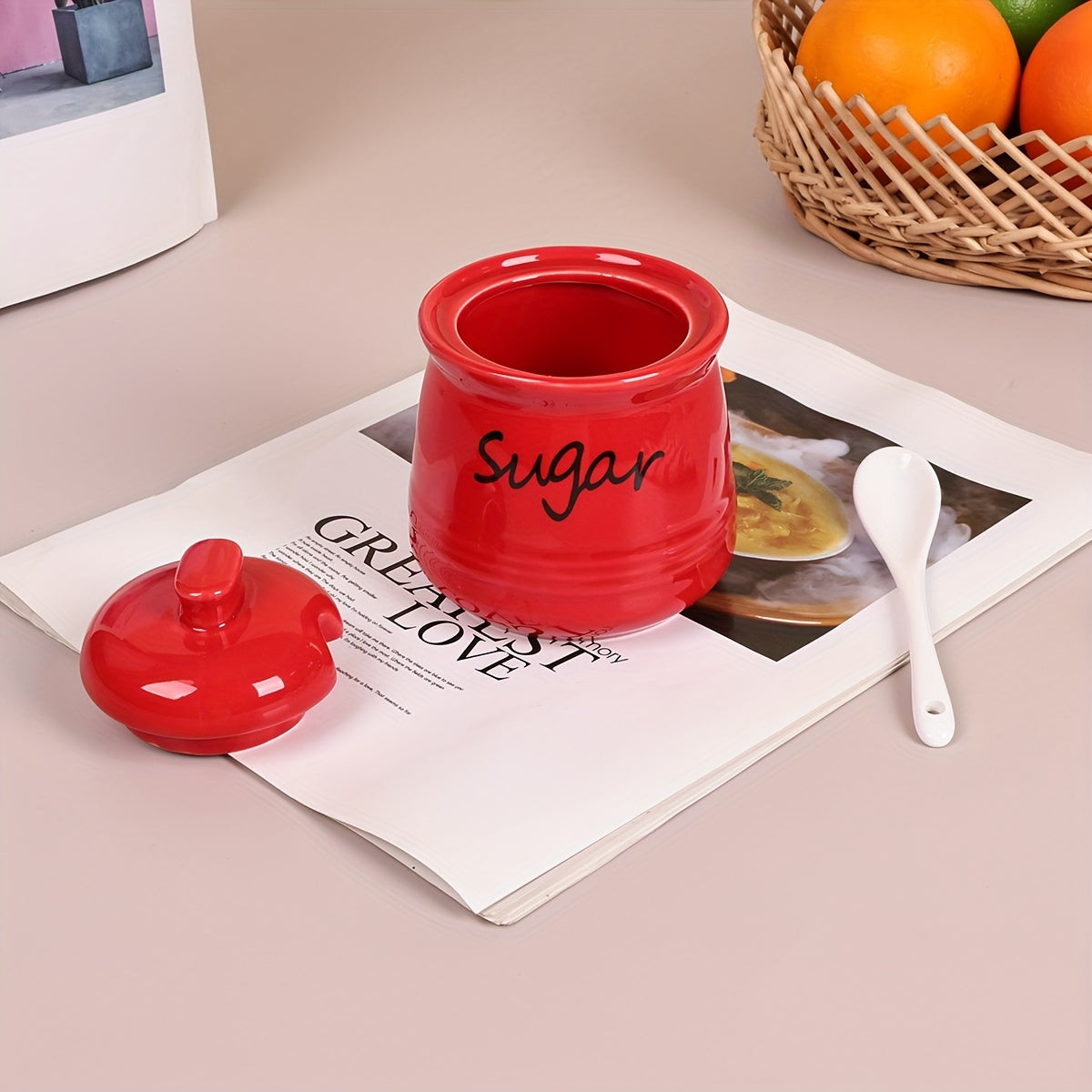 Elegant ceramic sugar jar with lid and spoon, 12oz capacity, 8.99x11.0cm, multiple color options, ideal for coffee bars and restaurants, easy to clean.