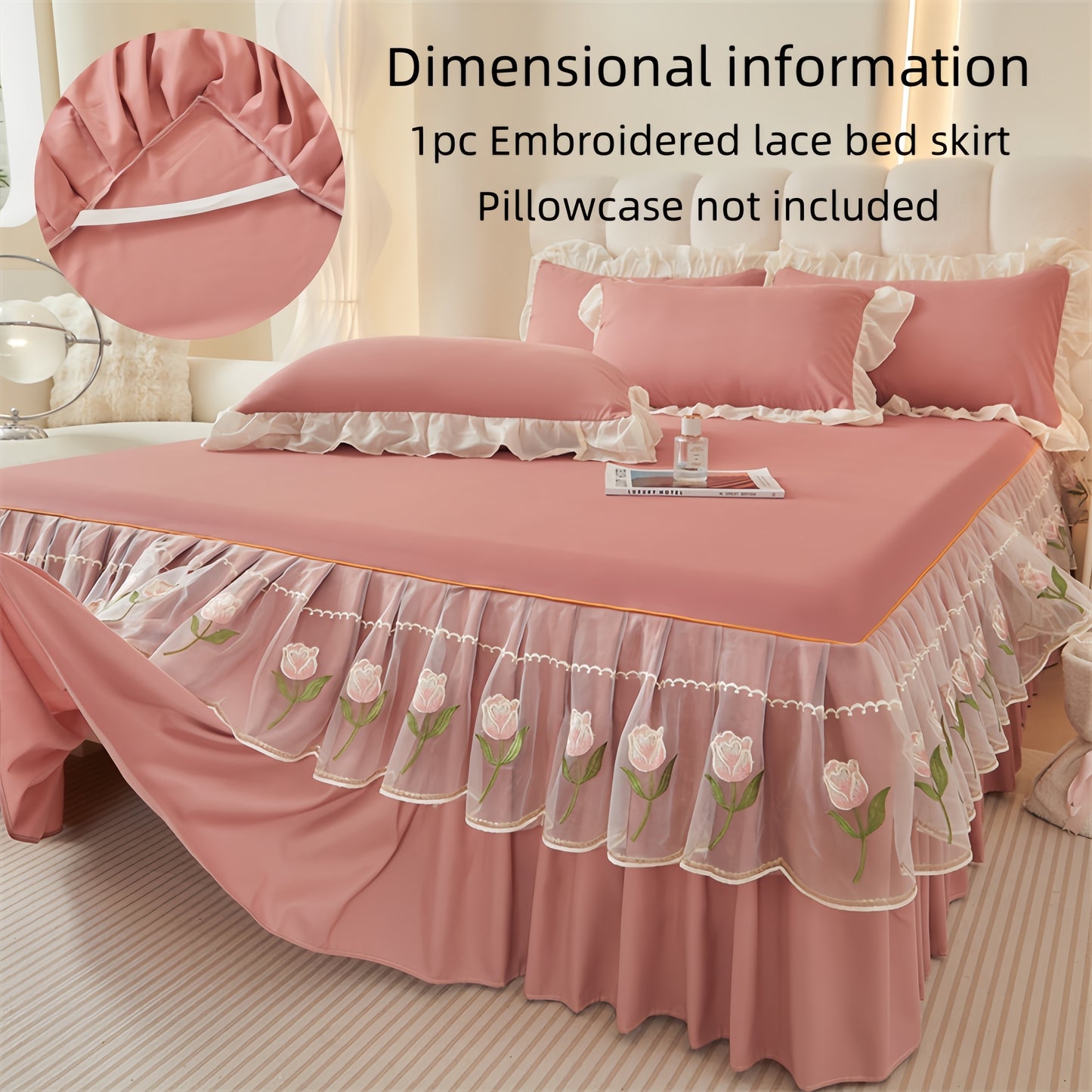 Luxury bed skirt with lace trim and rose embroidery, machine washable, soft fabric, non-slip ribbon fixation, suitable for various rooms. Made of 100% polyester.