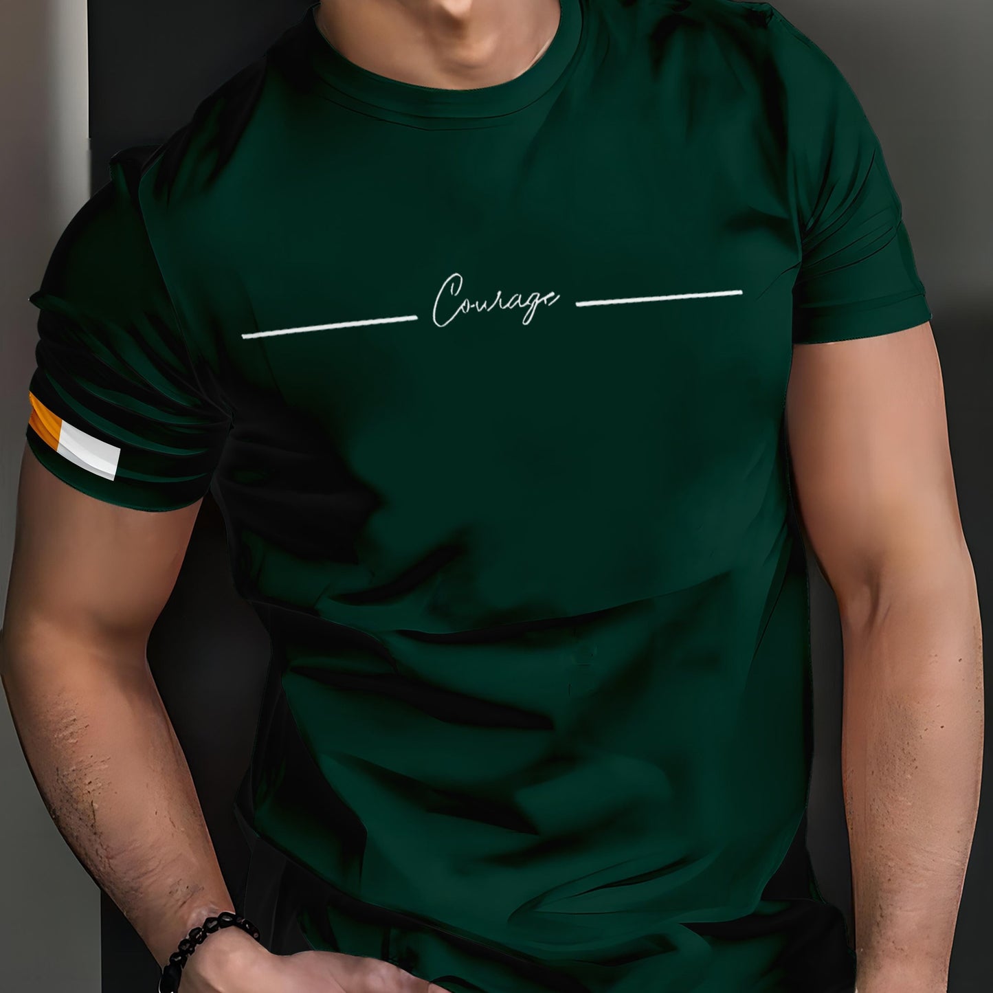 Men's Casual Crew Neck T-Shirt with 3D Digital Letter Print - Green, Breathable Polyester, Summer Short Sleeve Tee for Sports & Streetwear.