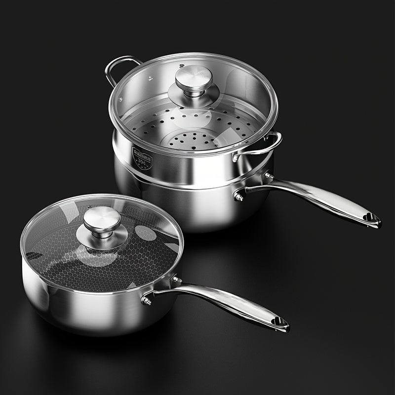 Japanese-style stainless steel saucepan with no coating, ideal for children's meals and noodle dishes, easy to clean in the dishwasher.