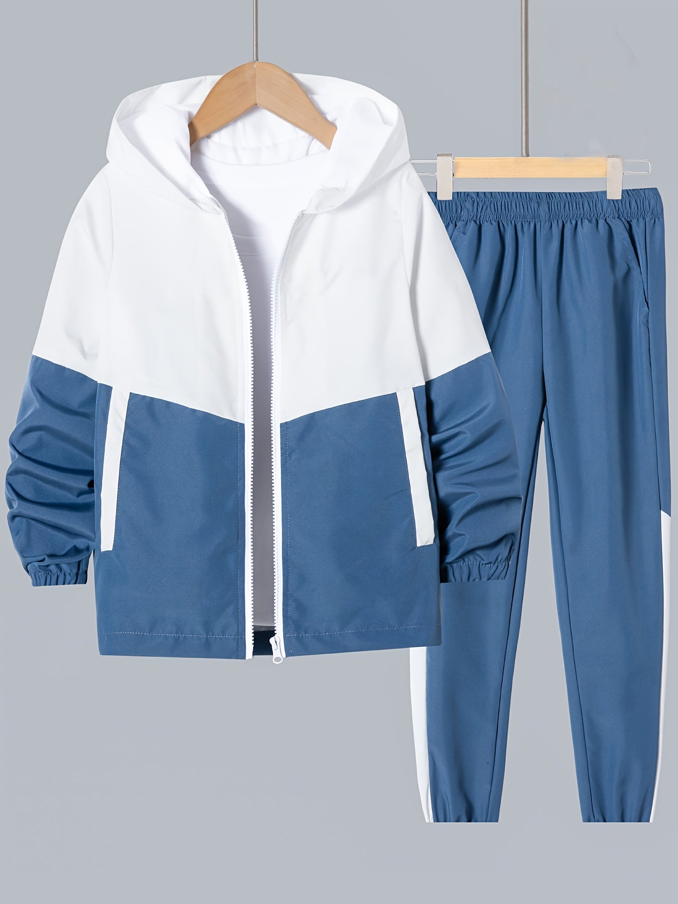 Boys' Color Block Hooded Jacket and Pants Set - 100% Polyester, Long Sleeve, Pockets, Front Zip, Regular Fit, for Ages 12 and Under, Outdoor Spring/Fall Tracksuit