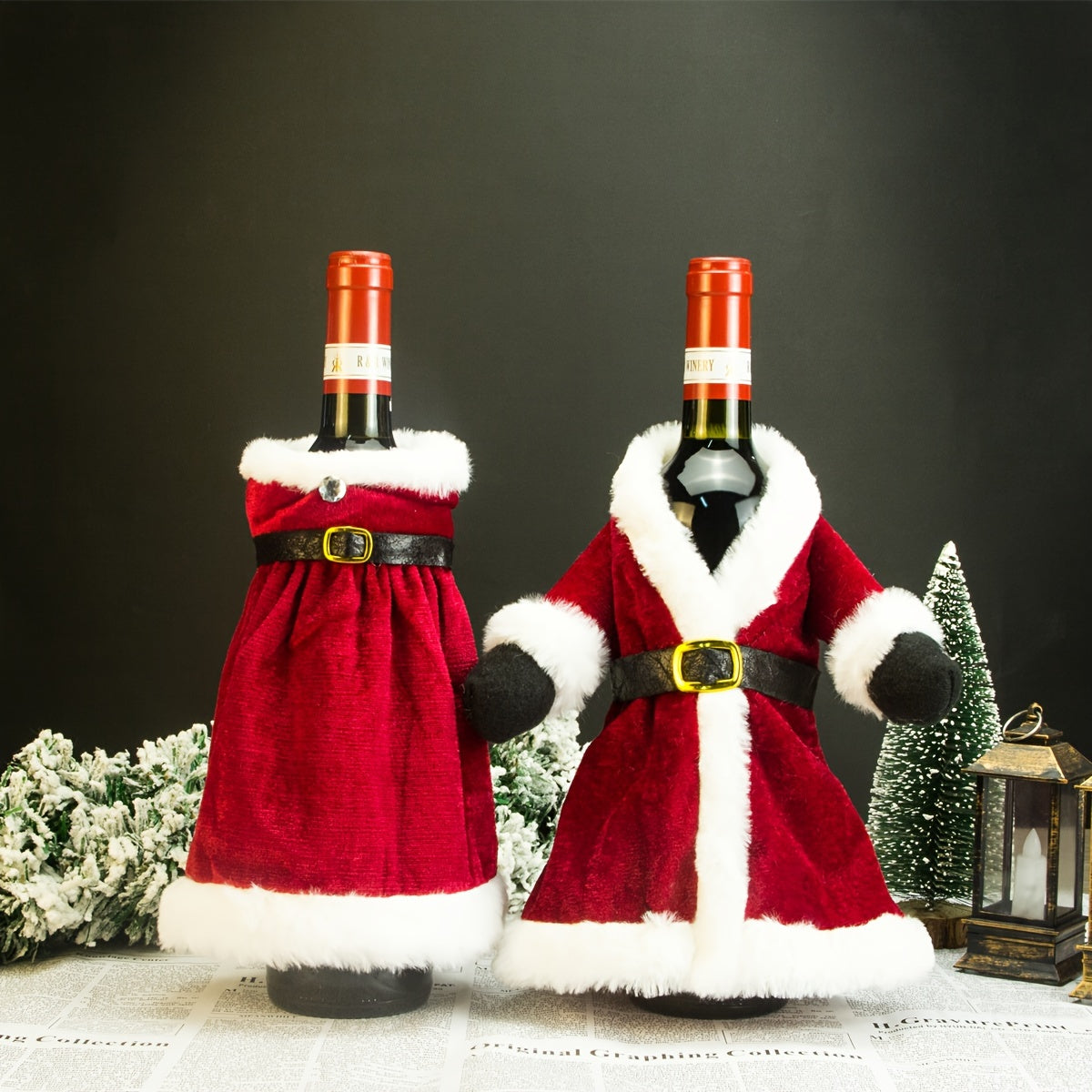 Christmas decoration set including a gold velvet wine bottle cover, a straight tube skirt, and a plush wine bag for holiday dressing up.