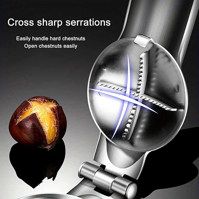 Effortlessly crack hard shells and remove pits with the Easy-Grip Stainless Steel Chestnut Opener, ideal for kitchen and dining use.