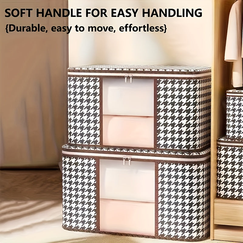 Large houndstooth fabric bag with zipper and handle, perfect for storing clothes and linens. Great for home organization and moving.