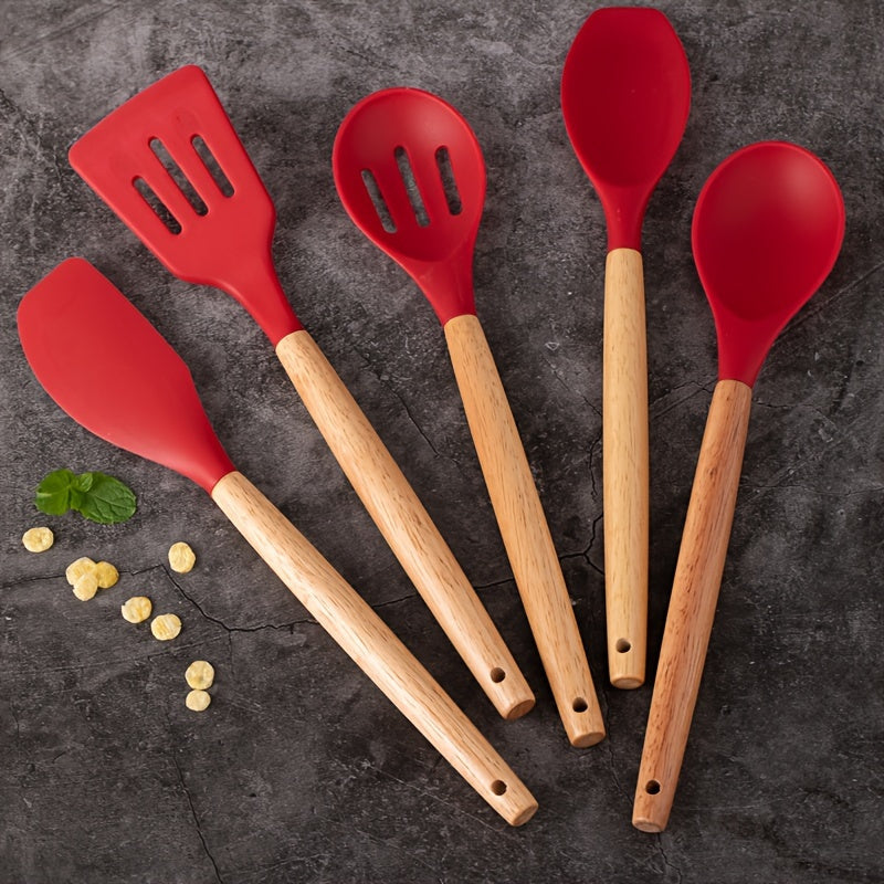 Set of 5 Silicone Kitchen Utensils with Wooden Handles, Non-Stick Cookware, Food-Safe, Easy to Clean Modern Cooking Tools, Must-Have Kitchen Accessories