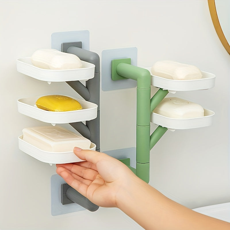 Rotating wall-mounted soap dish with drain - No-drill bathroom organizer for soap and accessories