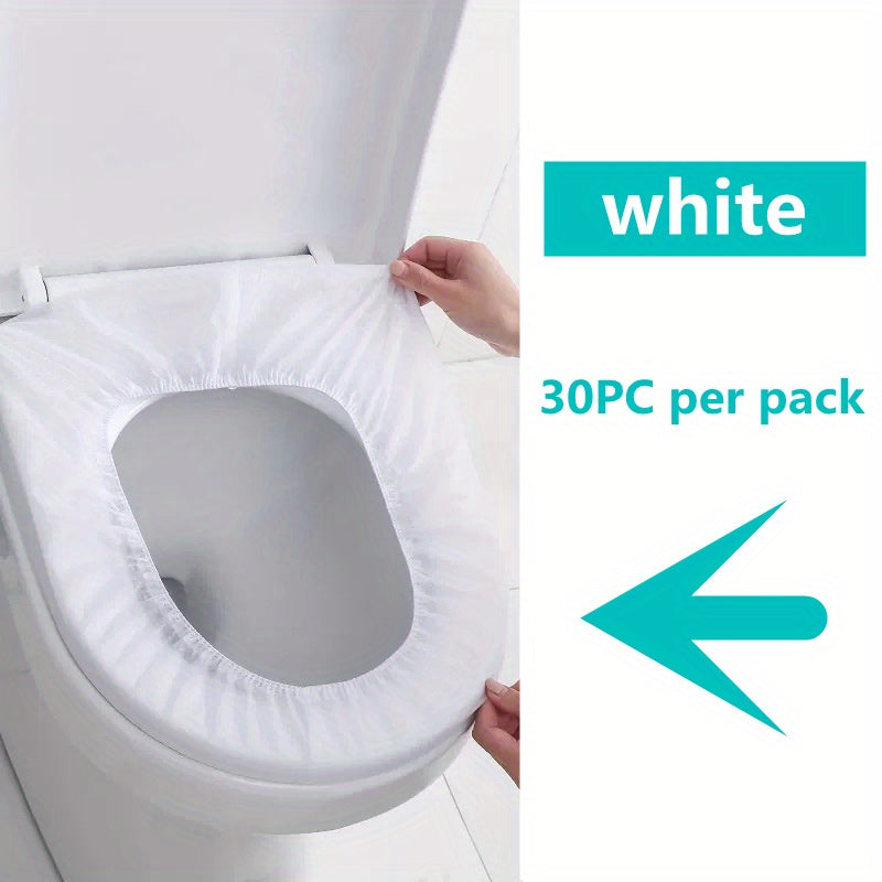 Disposable toilet seat covers in packs of 10, 20, 30, or 50. Individually wrapped with premium elastic strap for portability. Waterproof, stain-proof, and non-slip for travel, home, or potty training. Ideal as a gift for teenagers.