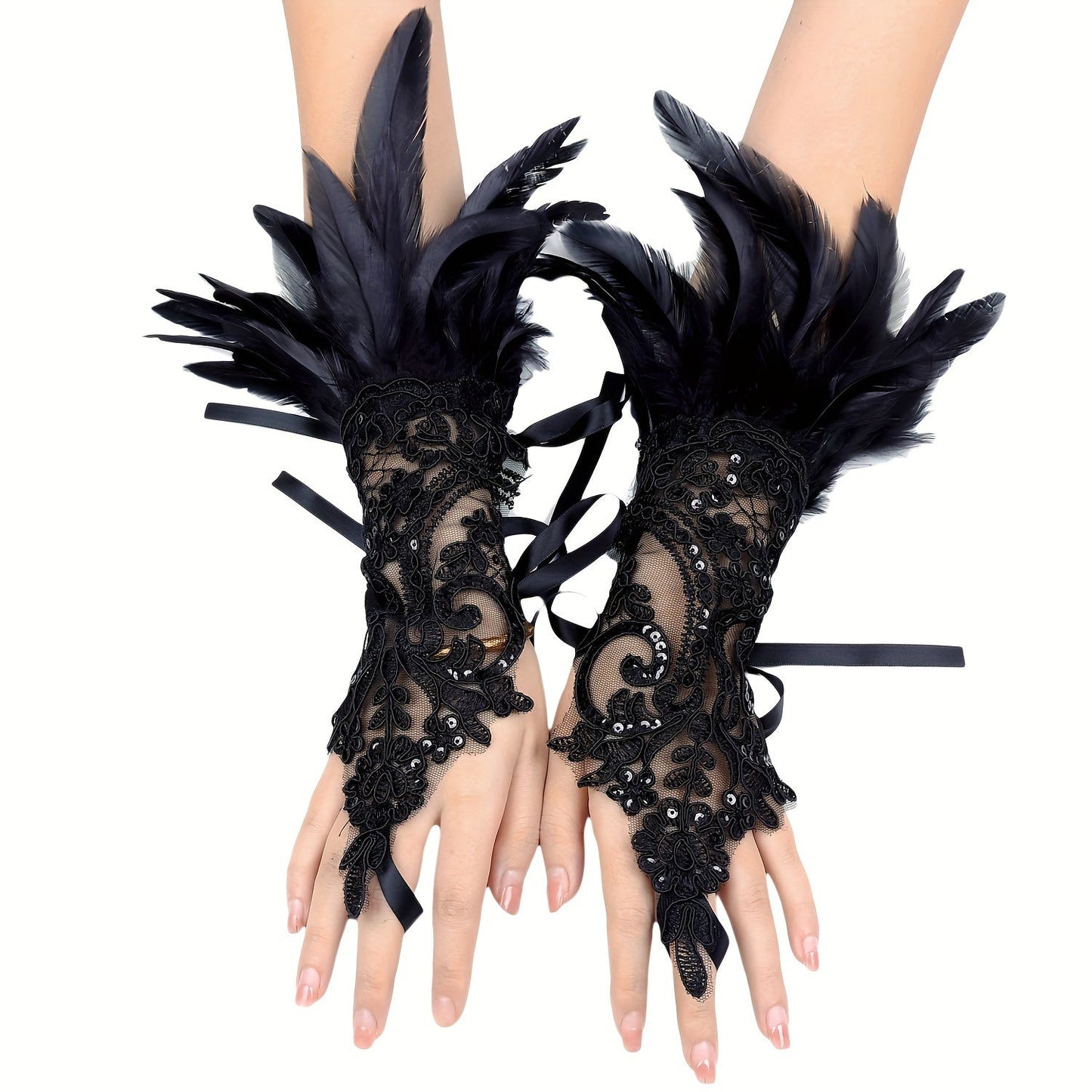 Chic Gothic-inspired gloves with faux feathers, monochrome lace, sequins, and lace-up hooks. Perfect for Halloween parties or dressing up your wrists.