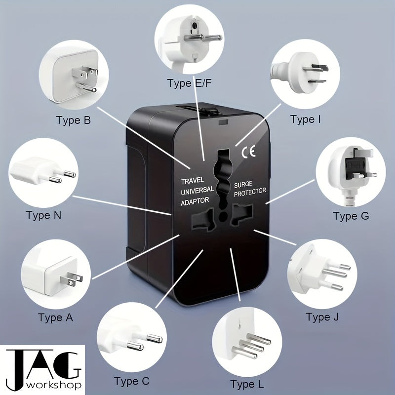 Travel adapter with 1pc compliance certification for US/EU/UK/AU plugs, covering over 150 countries. Suitable for iPhone, Samsung, Xiaomi, Android, iPad, and more. Ideal holiday gift.