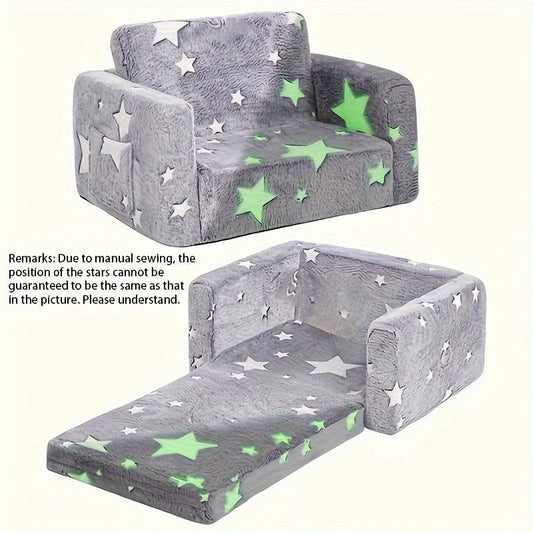 MIIYOUNG Kids Glow in the Dark Sofa is a foldable memory foam couch with spot-clean polyester upholstery. It features a modern style and does not require batteries, making it suitable for various room types.