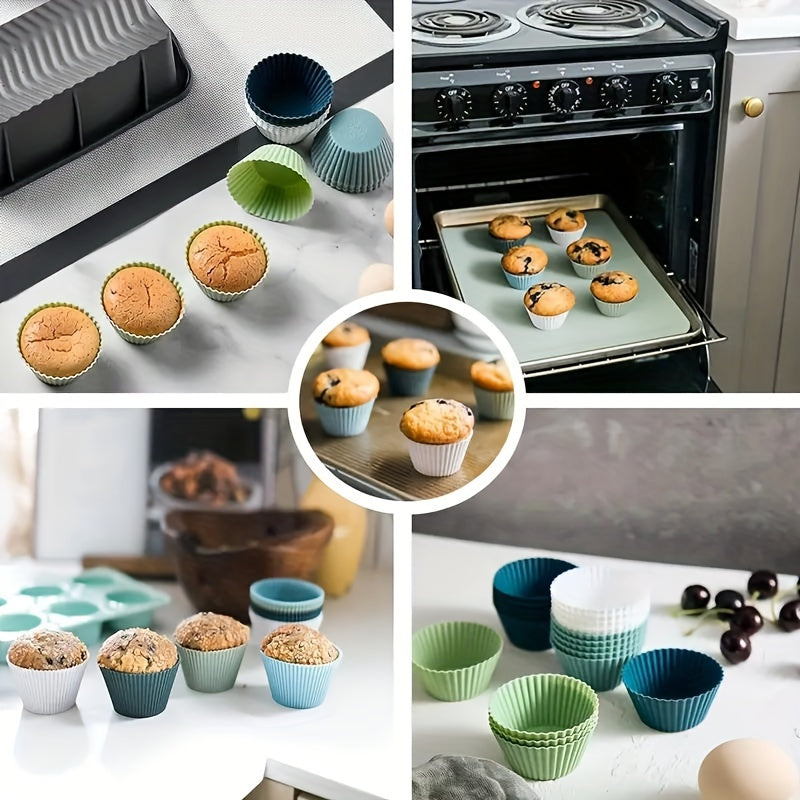 12 or 24 pieces of silicone cupcake and muffin liners that are reusable - they have the perfect shape, are non-stick, and easy to clean, making them essential baking tools for every occasion.