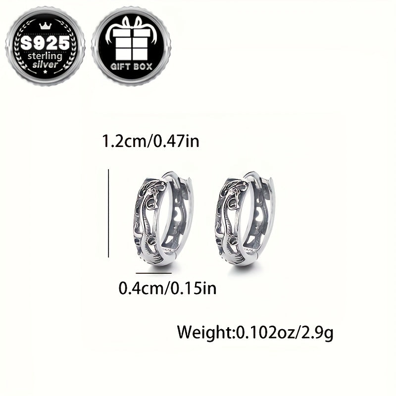 Dragon Zodiac Textured Hoop Earrings made of Hypoallergenic S925 Sterling Silver, featuring a Hollow design with an Artsy Ethnic Chinese Totem. Unisex Style, Lightweight Ear Jewelry weighing 2.9g/0.1oz