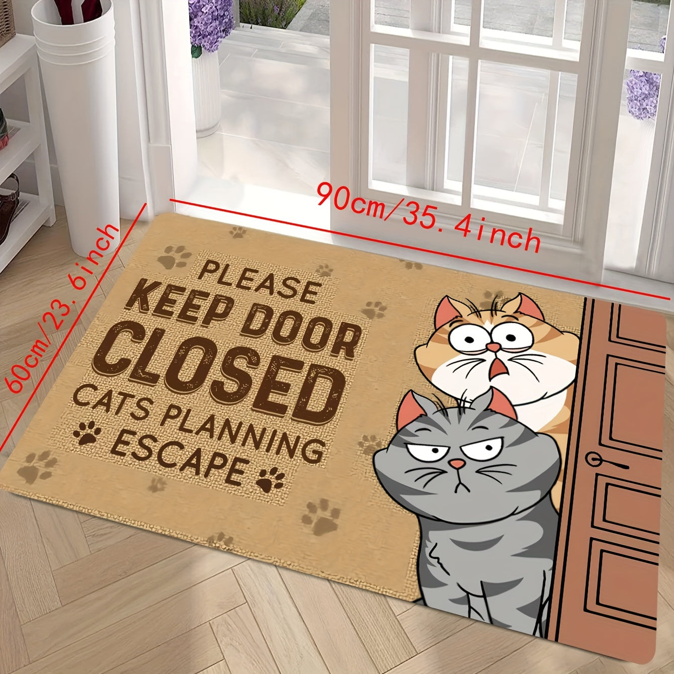 Whimsical Cat Welcome Indoor Doormat - Anti-Slip, Stain-Resistant Polyester Mat featuring "Please Keep Door Closed" Humor. Low Pile, Easy to Clean with Machine Washable for Home Decor