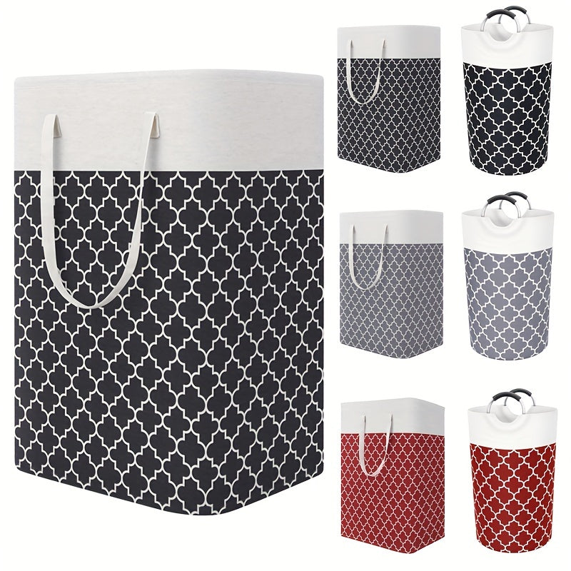 Large collapsible laundry hamper with easy carry handles, perfect for laundry, bedroom, dorm, clothes, towels, and toys. This freestanding clothes hamper comes in a stylish clover black design.