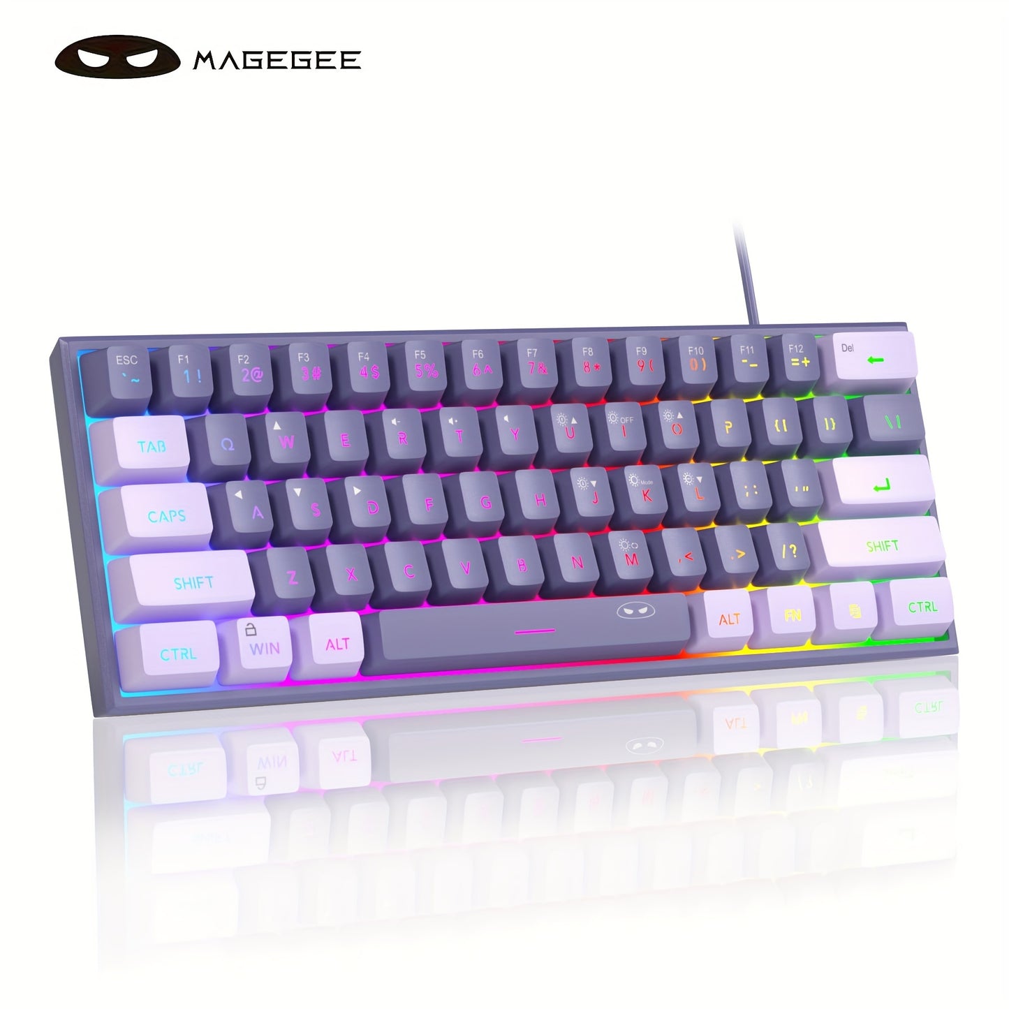 MAGEGEE Compact 60% Gaming Keyboard with RGB Backlight in Violet color, USB-powered, Customizable Lighting Modes, Durable PBT Keycaps, Ergonomic TS91 Design, Suitable for PC, MAC, PS4