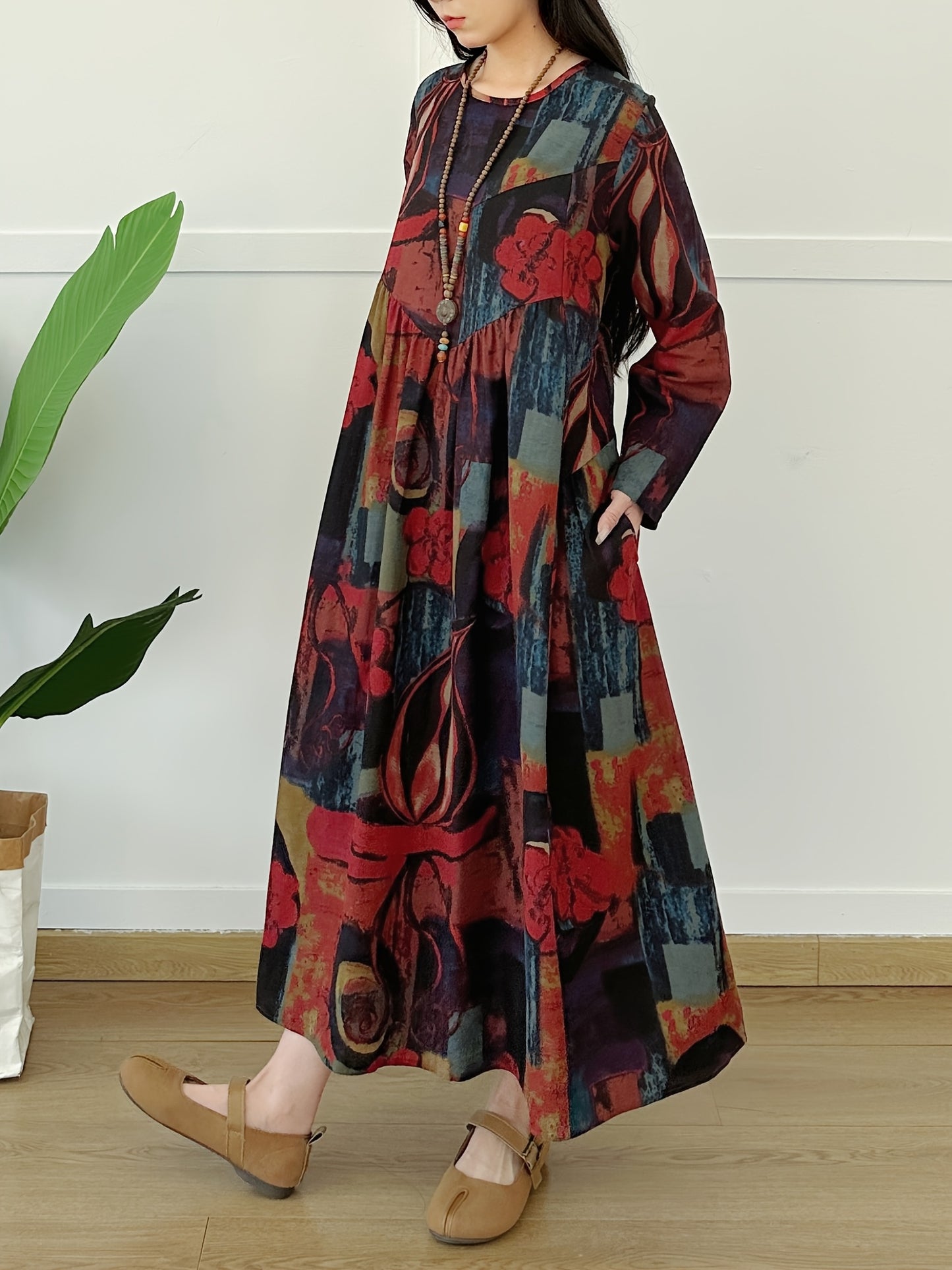 Vintage-inspired linen long sleeve dress with tie-dye print for women, ideal for casual wear throughout the seasons.