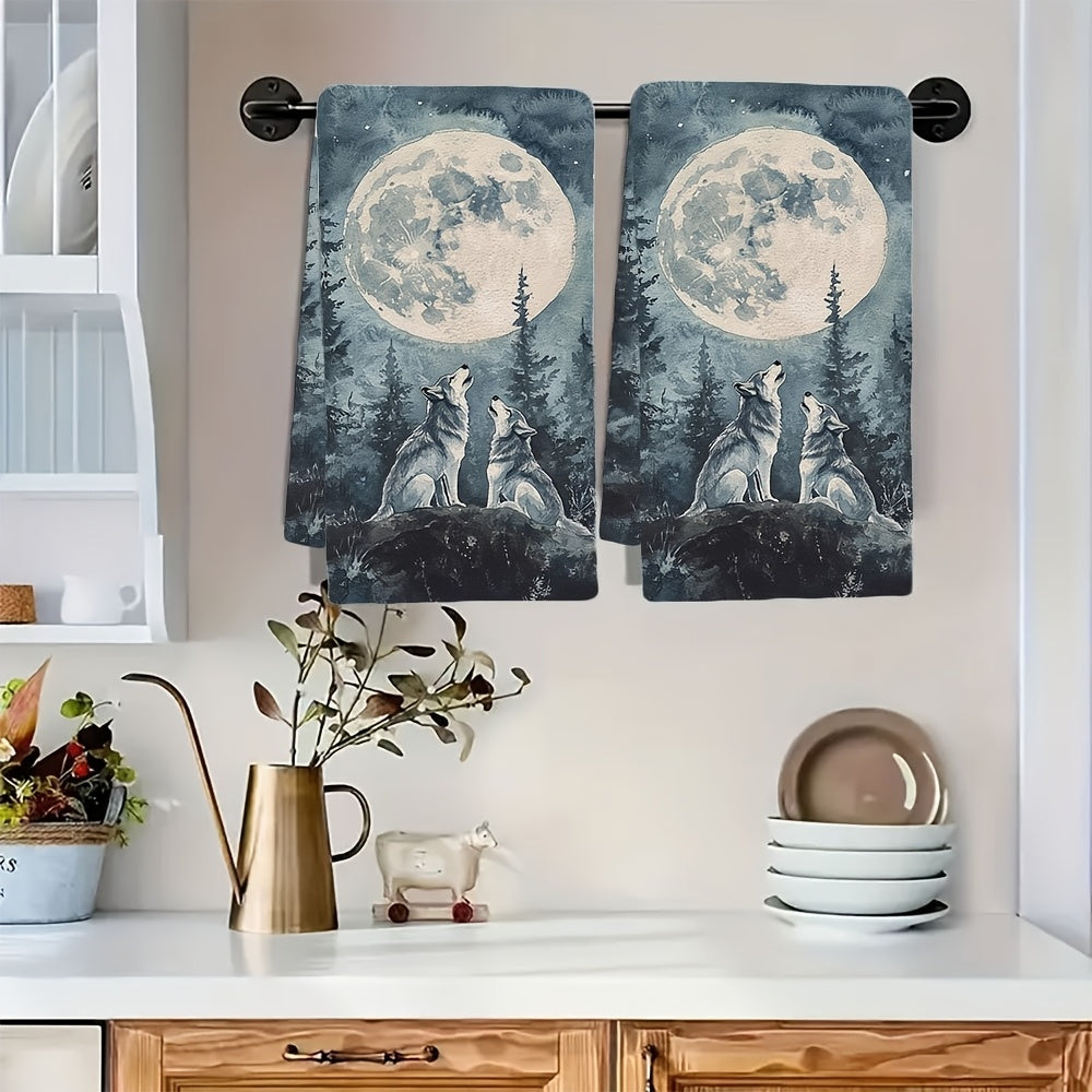 Add a touch of wilderness charm to your kitchen with these 2pcs Ultra Soft Kitchen Towels featuring a majestic wolves howling at a full moon night scene in watercolor style. These towels are highly absorbent and machine washable, measuring 40.64x60.96