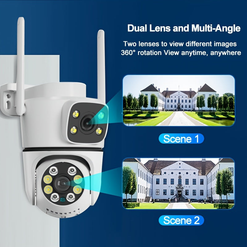 Enhance your home security with 4 dual lens outdoor surveillance cameras featuring 2.4G/Wifi wireless connectivity. Enjoy video surveillance, body tracking, night vision, two-way audio, motion alerts, 355° rotation, and remote viewing on your mobile