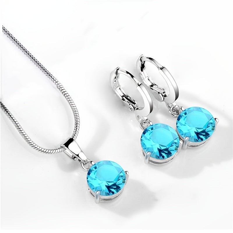 Crystal Zirconia pendant necklace & earrings set in white alloy with rhinestone accents, ideal for weddings and engagements, round shape, suitable for girls.