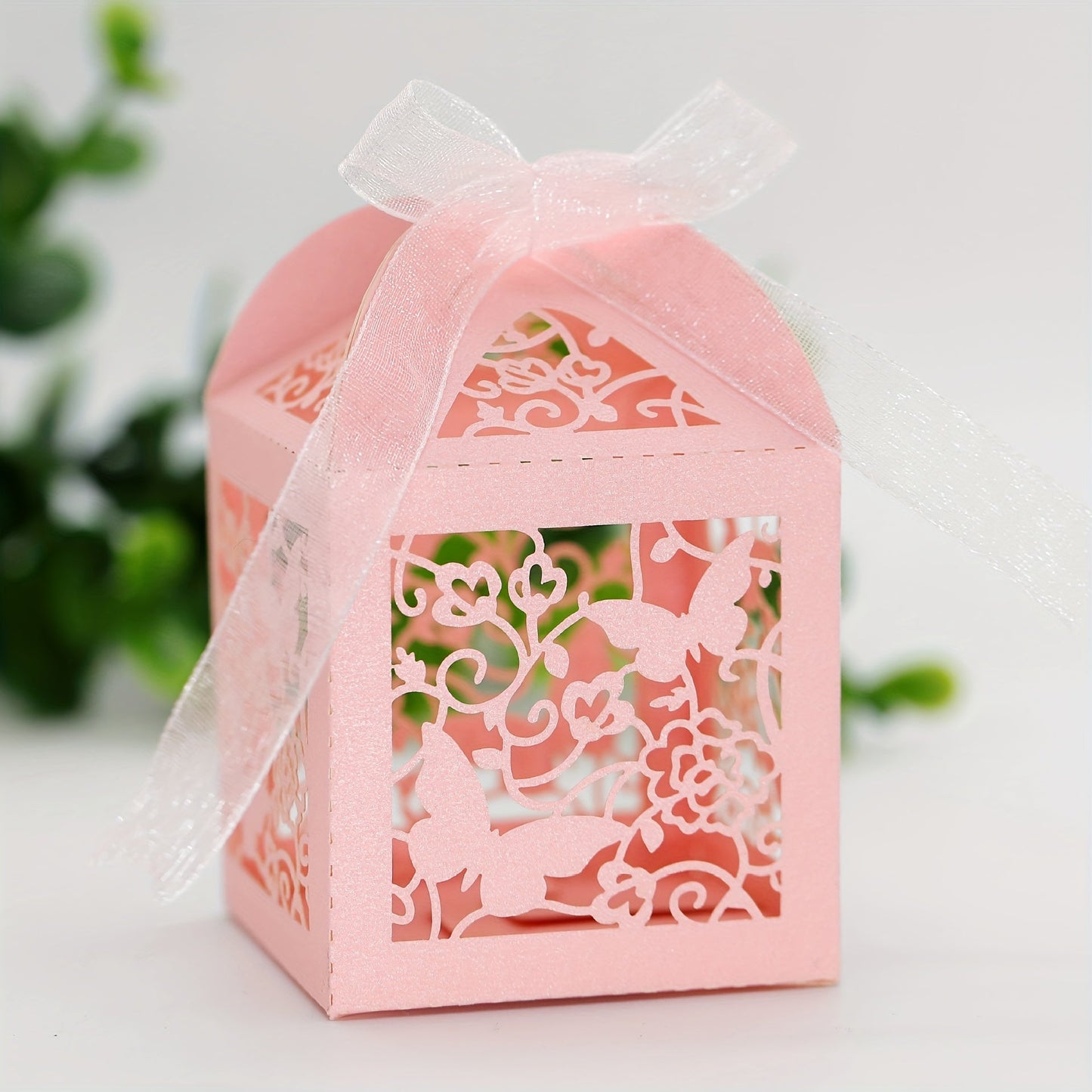 Laser Cut Candy Boxes with Pink Floral Butterfly Design - Set of 50 with Ribbons, Ideal for Weddings, Birthdays, and Bridal Showers