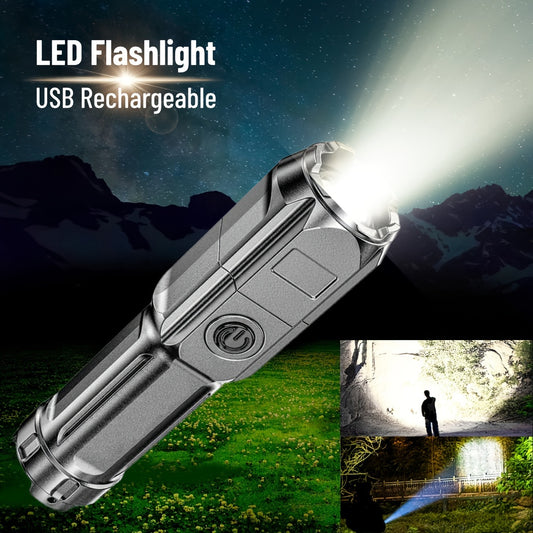 Powerful, compact LED flashlight with 3 modes, rechargeable and zoomable, for camping and emergencies